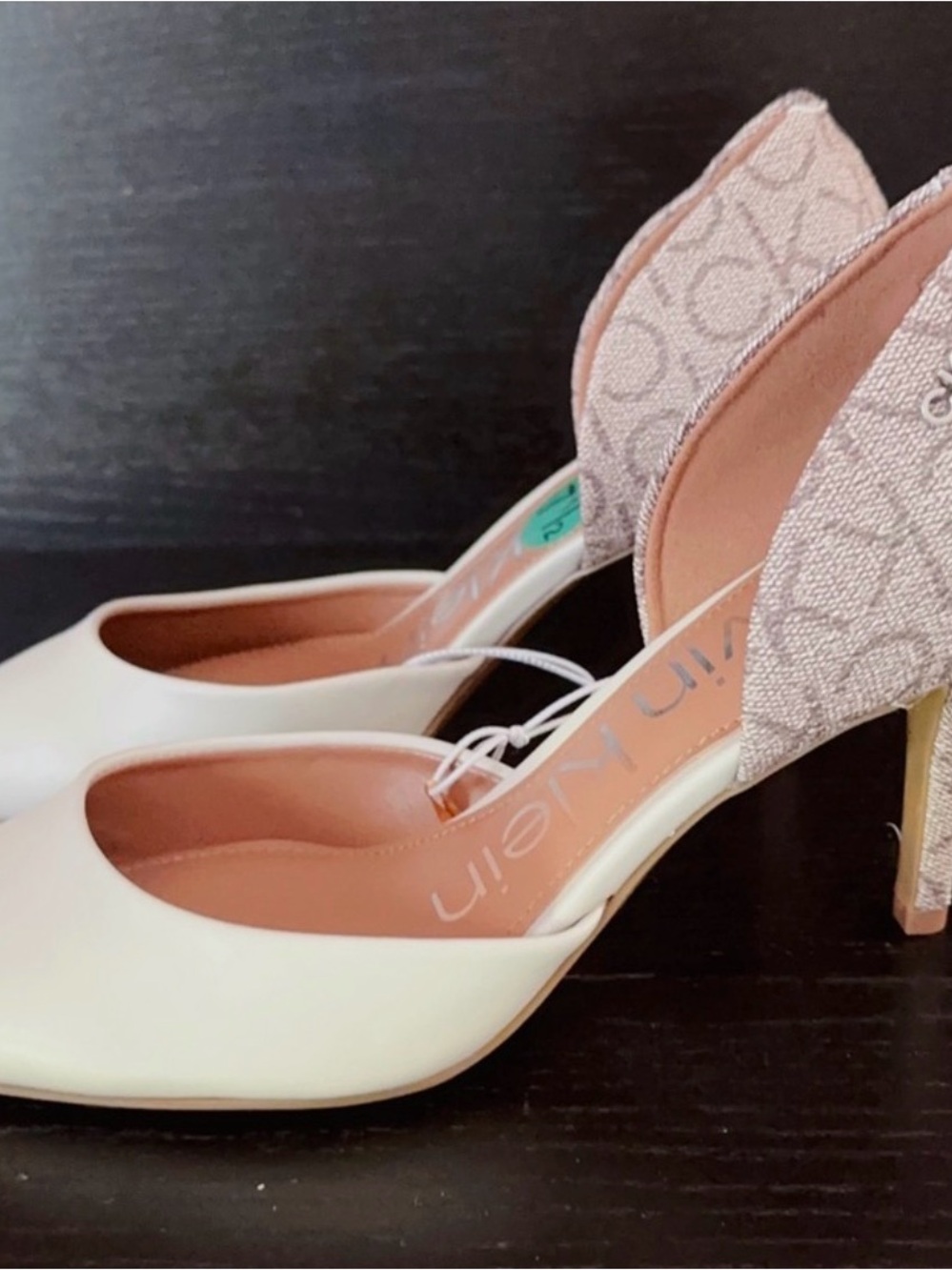 Calvin Klein Cream Pointed Toe D'Orsay Heels with Logo Heel Counter